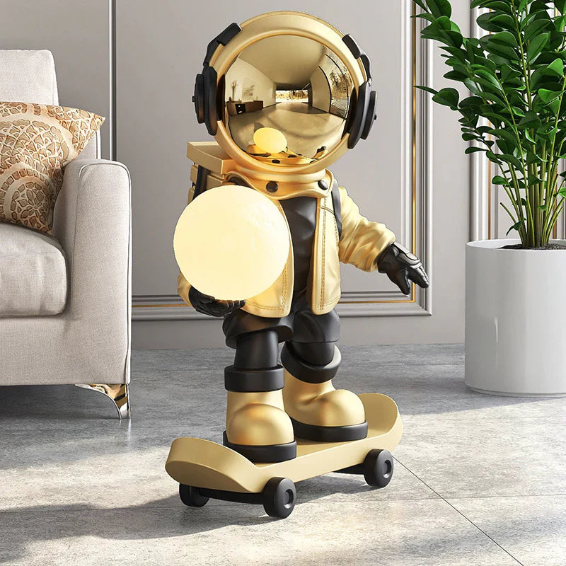 Golden Astronaut Skateboard Lamp — Modern Space Art Home Decor