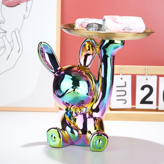 Rainbow Bunny Tray Sculpture — Playful Luxury Home Decor Accent
