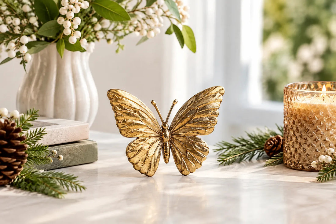 Style a gold butterfly ornament with elegant seasonal accents