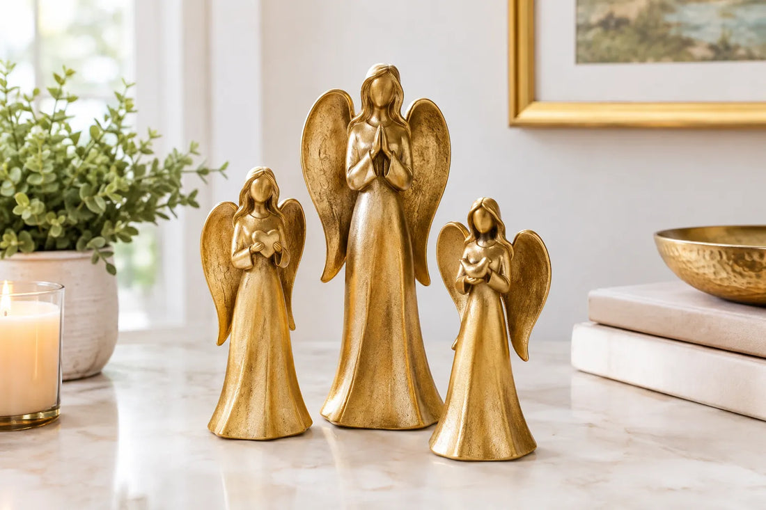 Choose gold angel figurines for a warm, meaningful display